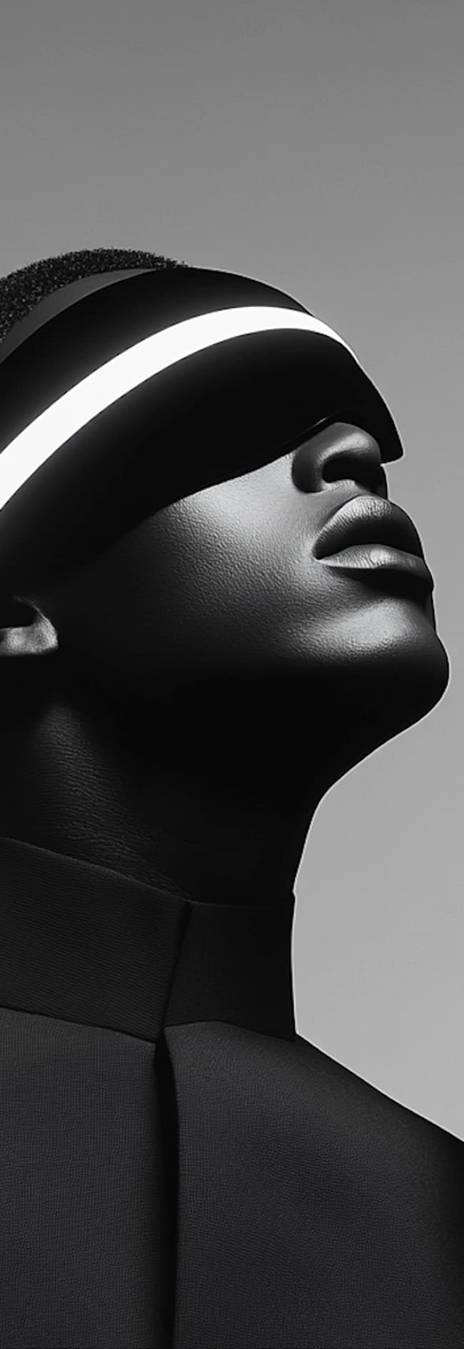 A black man wearing a sleek, futuristic helmet, showcasing advanced technology and a modern aesthetic.